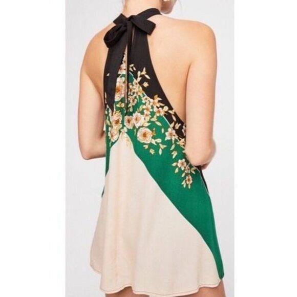 Free People Trapeze High Tie Neck Open V Mini Dress Top Multicolor Floral XS NEW - Picture 9 of 10